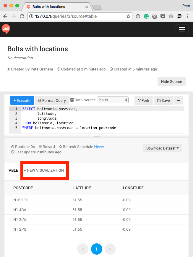 Screenshot of Redash table UI